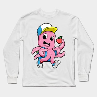 Octopus as Student with Backpack and Apple Long Sleeve T-Shirt